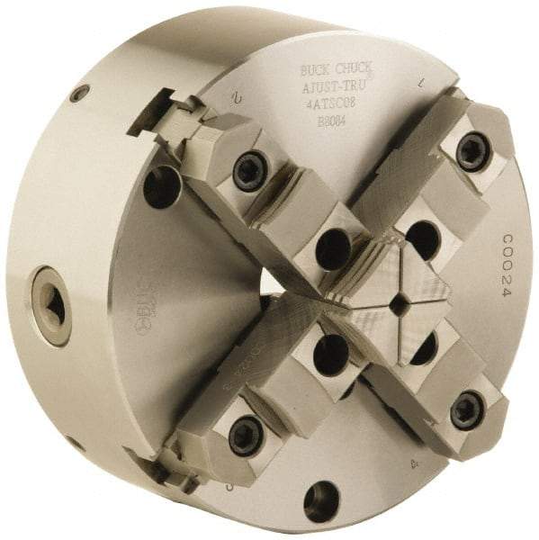 Buck Chuck Company - 4 Jaws, 6" Diam, Self Centering Manual Lathe Chuck - Front Mount, Adjustable, Reversible, 4,600 Max RPM, 1.78" Through Hole Diam, Forged Steel - Eagle Tool & Supply