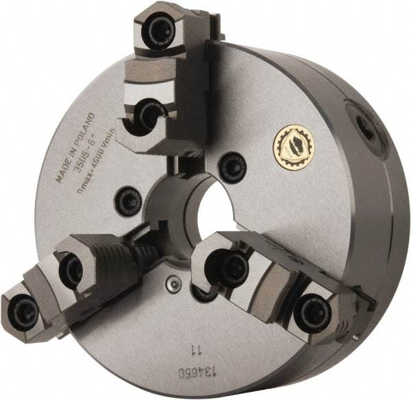 Bison - 3 Jaws, 6" Diam, Self Centering Manual Lathe Chuck - Plain Back Mount Spindle, Reversible, 4,500 Max RPM, 1.6535" Through Hole Diam, 0.0014" Axial Runout, 0.0012" Radial Runout, Forged Steel - Eagle Tool & Supply