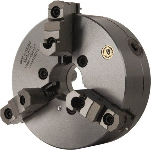 Bison - 3 Jaws, 8" Diam, Self Centering Manual Lathe Chuck - D1-6 Mount Spindle, Reversible, 4,000 Max RPM, 2.1653" Through Hole Diam, 0.001" Axial Runout, 0.0016" Radial Runout, Forged Steel - Eagle Tool & Supply