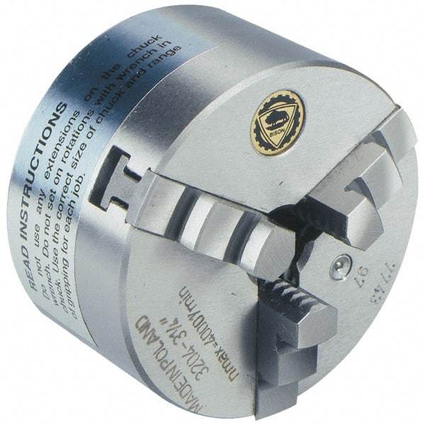 Bison - 3 Jaws, 10" Diam, Self Centering Manual Lathe Chuck - Plain Back Mount Spindle, 2,000 Max RPM, 2.9921" Through Hole Diam, 0.001" Axial Runout, 0.0016" Radial Runout, Cast Iron - Eagle Tool & Supply