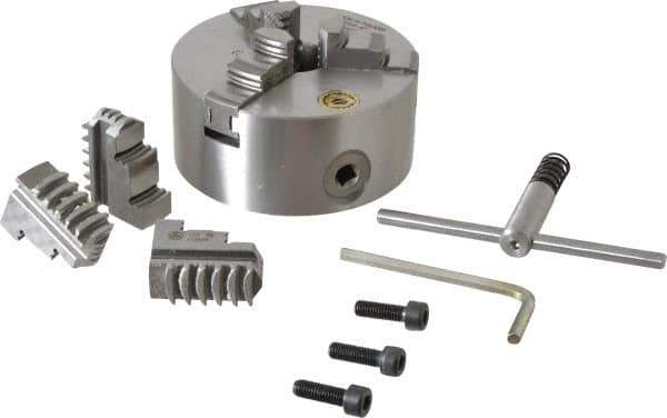 Bison - 3 Jaws, 5" Diam, Self Centering Manual Lathe Chuck - Plain Back Mount Spindle, 3,200 Max RPM, 1.2598" Through Hole Diam, 0.0008" Axial Runout, 0.0012" Radial Runout, Cast Iron - Eagle Tool & Supply