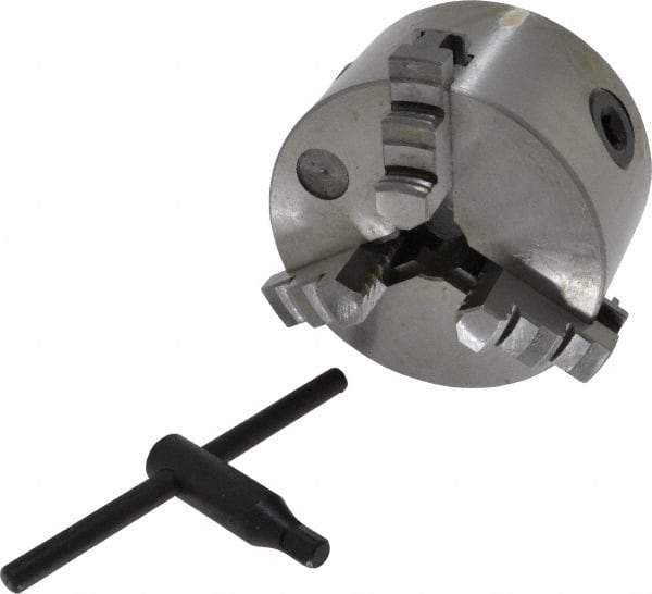 Interstate - 3 Jaws, 4" Diam, Self Centering Manual Lathe Chuck - Plain Back Mount Spindle, 0.8661" Through Hole Diam, 0.003" Axial Runout, Cast Iron - Eagle Tool & Supply