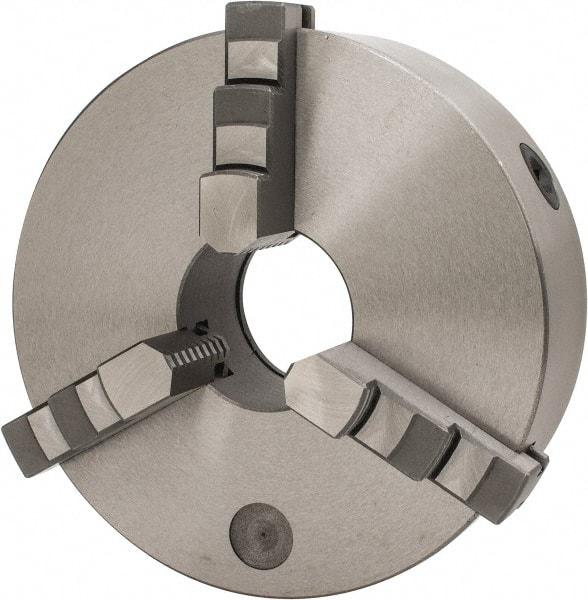 Interstate - 3 Jaws, 10" Diam, Self Centering Manual Lathe Chuck - Plain Back Mount Spindle, 3.1496" Through Hole Diam, 0.003" Axial Runout, Cast Iron - Eagle Tool & Supply