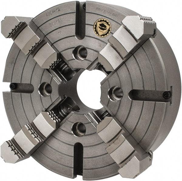 Bison - 4 Jaws, 12" Diam, Independent Manual Lathe Chuck - Plain Back Mount Spindle, Reversible, 1,200 Max RPM, 3.1496" Through Hole Diam, Cast Iron - Eagle Tool & Supply