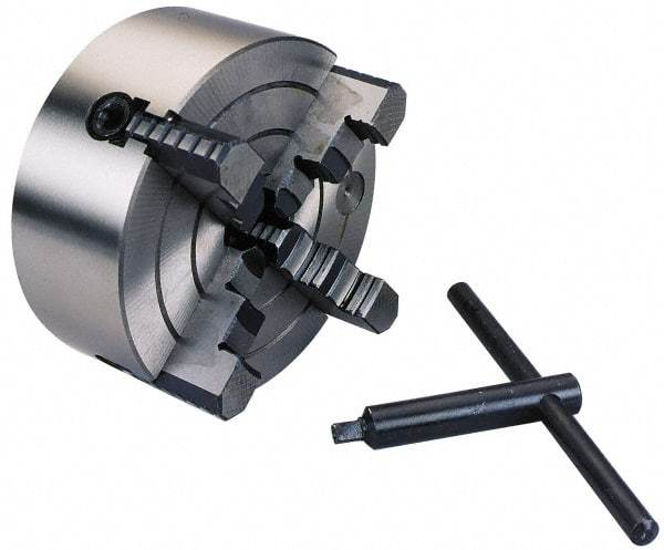 Interstate - 4 Jaws, 10" Diam, Independent Manual Lathe Chuck - Plain Back Mount Spindle, Reversible, 2-61/64" Through Hole Diam, Cast Iron - Eagle Tool & Supply