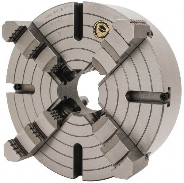 Bison - 4 Jaws, 12" Diam, Independent Manual Lathe Chuck - D1-6 Mount Spindle, Reversible, 3.1496" Through Hole Diam, Cast Iron - Eagle Tool & Supply