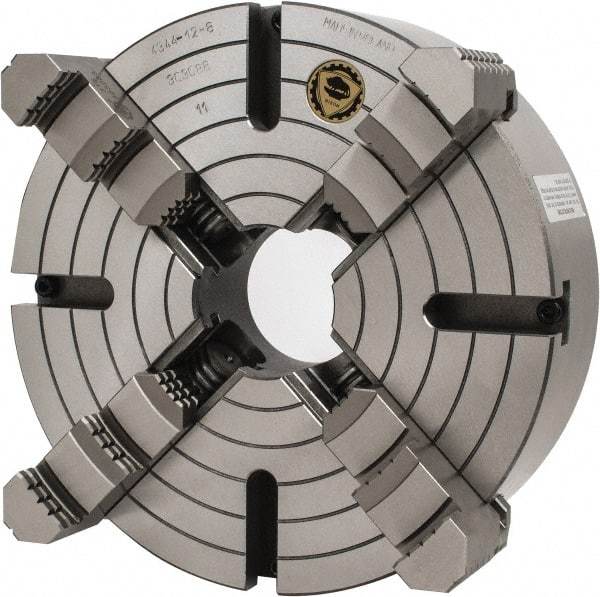 Bison - 4 Jaws, 12" Diam, Independent Manual Lathe Chuck - D1-8 Mount Spindle, Reversible, 3.1496" Through Hole Diam, Cast Iron - Eagle Tool & Supply