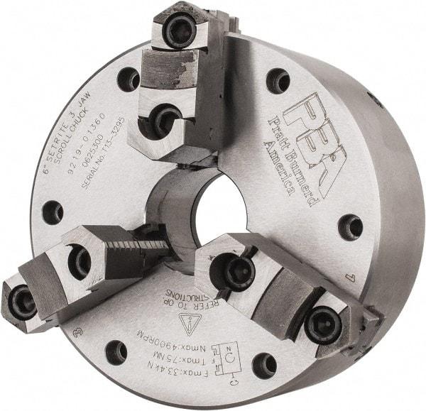 Pratt Burnerd America - 3 Jaws, 6" Diam, Self Centering Manual Lathe Chuck - Plain Back Mount Spindle, Adjustable, Reversible, 4,900 Max RPM, 1.81" Through Hole Diam, Forged Steel - Eagle Tool & Supply