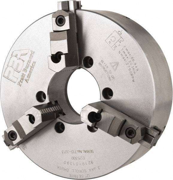 Pratt Burnerd America - 3 Jaws, 12" Diam, Self Centering Manual Lathe Chuck - Plain Back Mount Spindle, Adjustable, Reversible, 2,300 Max RPM, 4.06" Through Hole Diam, Forged Steel - Eagle Tool & Supply