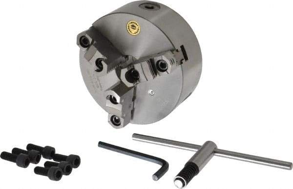 Bison - 3 Jaws, 6" Diam, Self Centering Manual Lathe Chuck - Plain Back Mount Spindle, Reversible, 3,000 Max RPM, 1.6535" Through Hole Diam, 0.0008" Axial Runout, 0.0012" Radial Runout, Cast Iron - Eagle Tool & Supply