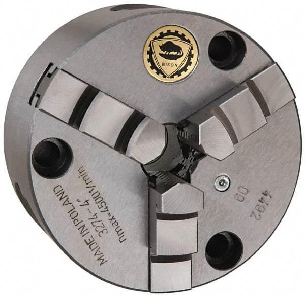 Bison - 3 Jaws, 4" Diam, Self Centering Manual Lathe Chuck - Front Mount, 0.7874" Through Hole Diam, Cast Iron - Eagle Tool & Supply