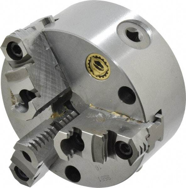 Bison - 3 Jaws, 5" Diam, Self Centering Manual Lathe Chuck - Front Mount, Reversible, 1.2598" Through Hole Diam, Cast Iron - Eagle Tool & Supply