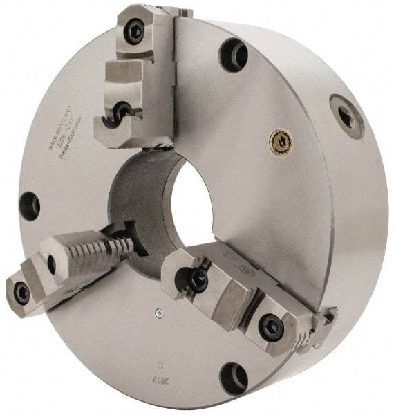 Bison - 3 Jaws, 12" Diam, Self Centering Manual Lathe Chuck - Front Mount, Reversible, 4.0551" Through Hole Diam, Cast Iron - Eagle Tool & Supply