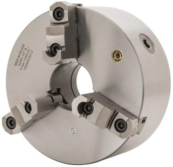 Bison - 3 Jaws, 10" Diam, Self Centering Manual Lathe Chuck - D1-8 Mount Spindle, Reversible, 2,000 Max RPM, 2.9921" Through Hole Diam, 0.001" Axial Runout, 0.0016" Radial Runout, Cast Iron - Eagle Tool & Supply