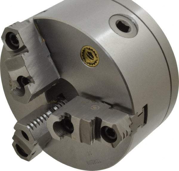 Bison - 3 Jaws, 6" Diam, Self Centering Manual Lathe Chuck - L-00 Mount Spindle, Reversible, 3,000 Max RPM, 1.6535" Through Hole Diam, 0.0008" Axial Runout, 0.0012" Radial Runout, Cast Iron - Eagle Tool & Supply