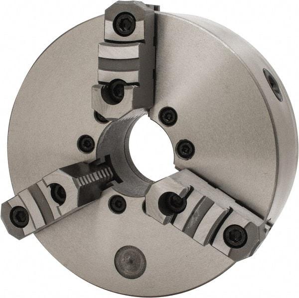 Interstate - 3 Jaws, 10" Diam, Self Centering Manual Lathe Chuck - D1-6 Mount Spindle, Reversible, 2.7559" Through Hole Diam, Cast Iron - Eagle Tool & Supply