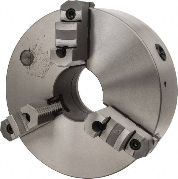 Interstate - 3 Jaws, 12" Diam, Self Centering Manual Lathe Chuck - D1-6 Mount Spindle, Reversible, 3-15/16" Through Hole Diam, Cast Iron - Eagle Tool & Supply