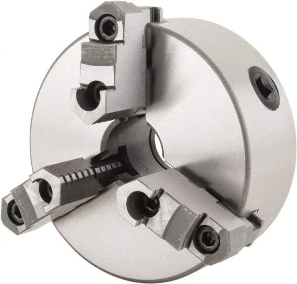 Interstate - 3 Jaws, 6" Diam, Self Centering Manual Lathe Chuck - Plain Back Mount Spindle, Reversible, 1.5748" Through Hole Diam, 0.003" Axial Runout, Cast Iron - Eagle Tool & Supply