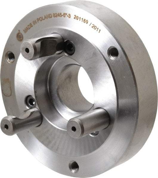 Bison - Adapter Back Plate for 5" Diam Self Centering Lathe Chucks - D1-3 Mount, 1.378" Through Hole Diam, 2.164mm ID, 4.92" OD, 1.02" Flange Height, Steel - Eagle Tool & Supply