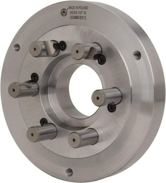 Bison - Adapter Back Plate for 10" Diam Self Centering Lathe Chucks - D1-6 Mount, 2.922" Through Hole Diam, 5.708mm ID, 9.84" OD, 1.34" Flange Height, Steel - Eagle Tool & Supply