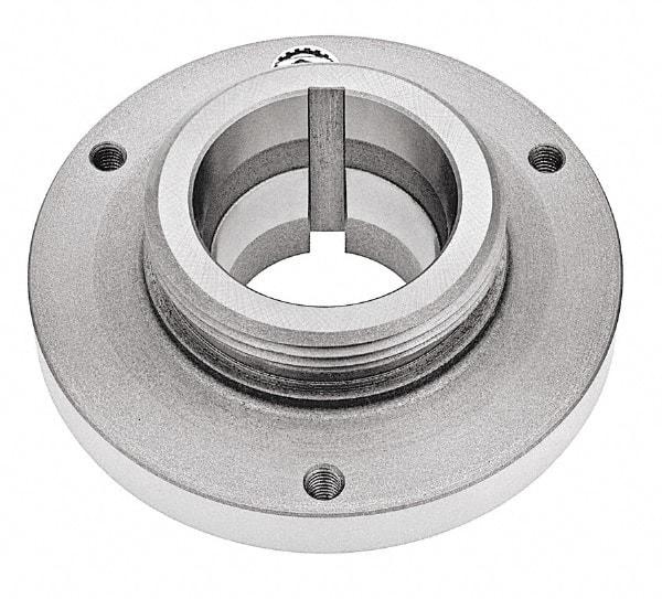 Bison - Adapter Back Plate for 6-1/4" Diam Self Centering Lathe Chucks - L-00 Mount, 2-3/4" Through Hole Diam, 5.51mm ID, 6.3" OD, 0.79" Flange Height, Steel - Eagle Tool & Supply