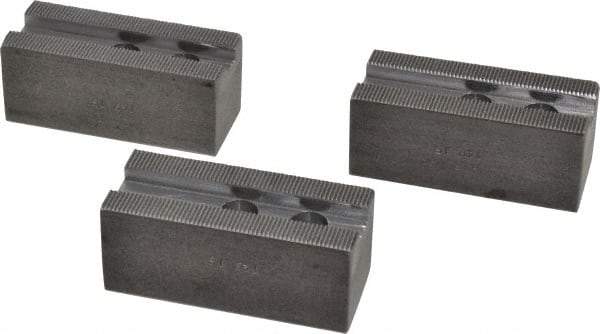 H & R Manufacturing - 8" Chuck Capacity, 1.5mm x 60° Serrated Attachment, Square Soft Lathe Chuck Jaw - 3 Jaws, Steel, 1" Btw Mount Hole Ctrs, 3-1/2" Long x 1-1/2" Wide x 1-1/2" High, 0.551" Groove, 12mm Fastener - Eagle Tool & Supply