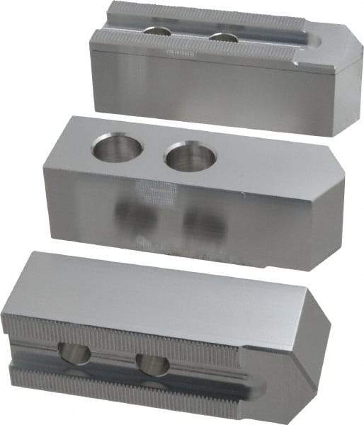 Masterman & Kovil - 10" Chuck Capacity, 1.5mm x 60° Serrated Attachment, Square Soft Lathe Chuck Jaw - 3 Jaws, Aluminum, 1.181" Btw Mount Hole Ctrs, 4.6mm Long x 1-1/2" Wide x 1-1/2" High, 0.63" Groove, 12mm Fastener - Eagle Tool & Supply
