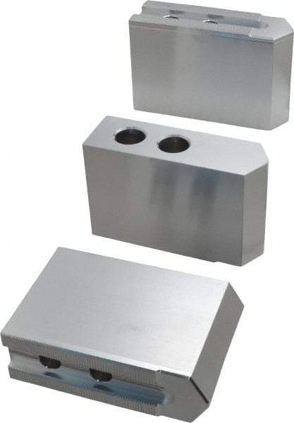 Masterman & Kovil - 10" Chuck Capacity, 1.5mm x 60° Serrated Attachment, Square Soft Lathe Chuck Jaw - 3 Jaws, Aluminum, 1.181" Btw Mount Hole Ctrs, 4.6mm Long x 1-1/2" Wide x 3" High, 0.63" Groove, 12mm Fastener - Eagle Tool & Supply