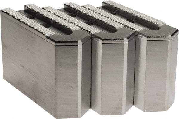 Masterman & Kovil - 10" Chuck Capacity, 1.5mm x 60° Serrated Attachment, Square Soft Lathe Chuck Jaw - 3 Jaws, Aluminum, 1.181" Btw Mount Hole Ctrs, 4.6mm Long x 1-1/2" Wide x 3" High, 0.63" Groove, 12mm Fastener - Eagle Tool & Supply