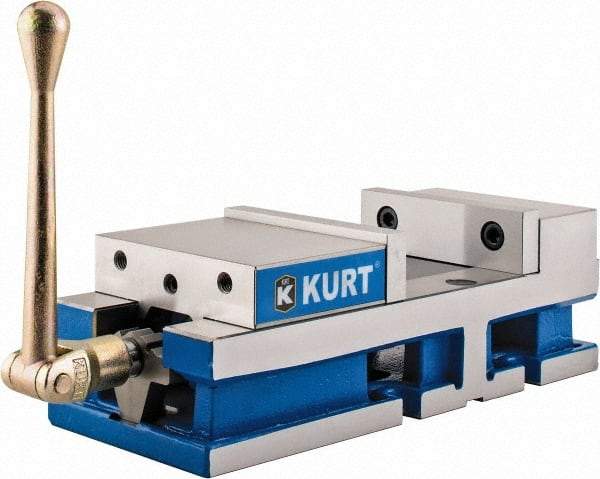 Kurt - 6" Jaw Width, 6" Jaw Opening Capacity, Horizontal Stationary Machine Vise - Manual Operation, 6,356 Lb Capacity, 1 Station, 17" Long x 4.6720" High x 1-31/64" Deep, 1.735" Jaw Height, 80 Lb Max Clamp Force - Eagle Tool & Supply