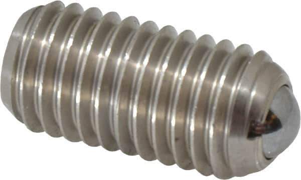 Vlier - 5/8-11, 0.375" Ball Diam, 1.25" Body Length, 0.096" Max Ball Reach, Threaded Ball Plunger - Stainless Steel Body, Stainless Steel Ball, 9 Lb Initial End Force, 18 Lb Final End Force, Locking Element - Eagle Tool & Supply