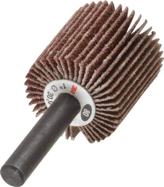 3M - 1" Diam x 1" Face Width, Medium Aluminum Oxide Coated Mounted Flap Wheel - 1/4" Shank Mount, 80 Grit, XE Weighted Cloth Backing, 30,000 Max RPM - Eagle Tool & Supply
