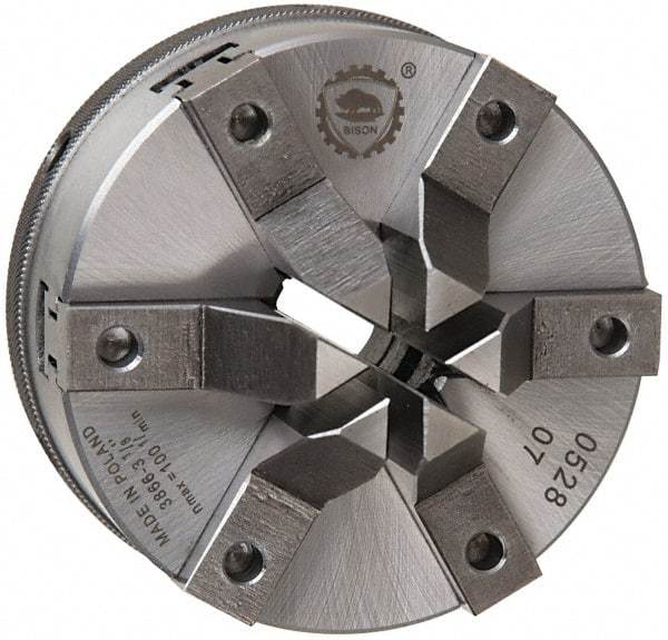 Bison - 6 Jaws, 6" Diam, Self Centering Manual Lathe Chuck - Plain Back Mount Spindle, 1,200 Max RPM, 2.0472" Through Hole Diam, 0.0006" Axial Runout, Forged Steel - Eagle Tool & Supply