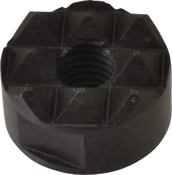 Fairlane - 1/4-28 Thread, 5/8" Diam, 3/8" High, Threaded, Coarse Tooth Grade Diamond Serration Tooth Pattern, High Speed Steel, Round Positioning Gripper - 3/16" Flat Width, Black Oxide Coated - Eagle Tool & Supply