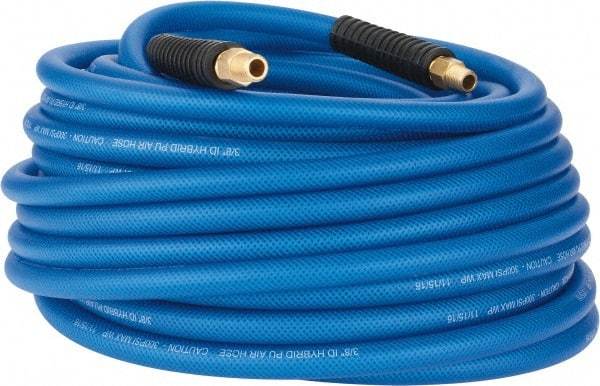 PRO-SOURCE - 3/8" ID x 0.6102" OD 100' Long Multipurpose Air Hose - MNPT(Swivel) x MNPT(Swivel) Ends, 300 Working psi, -40 to 176°F, 1/4" Fitting, Transparent Blue - Eagle Tool & Supply