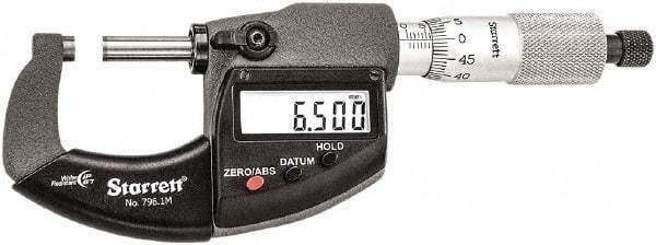 Starrett - Standard Throat IP67 Electronic Outside Micrometer - Ratchet Stop Thimble, Carbide Face, CR2032 Battery - Eagle Tool & Supply