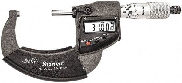 Starrett - Standard Throat IP67 Electronic Outside Micrometer - Ratchet Stop Thimble, Carbide Face, CR2032 Battery - Eagle Tool & Supply