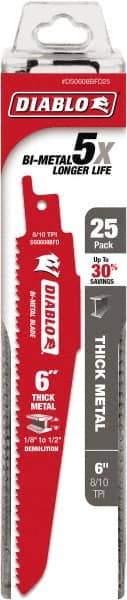 Freud - 6" Long x 1" Thick, Bi-Metal Reciprocating Saw Blade - Tapered Profile, 8 to 10 TPI, Toothed Edge, Tang Shank - Eagle Tool & Supply