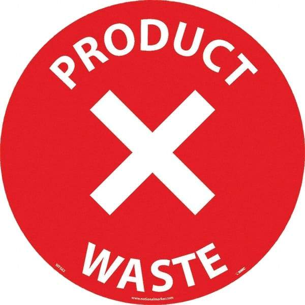 NMC - Product Waste, Anti-Skid Pressure-Sensitive Vinyl Floor Sign - Round, White on Red, Adhesive Backed, For Restroom, Janitorial & Housekeeping - Eagle Tool & Supply