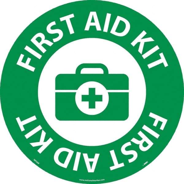 NMC - First Aid Kit, Anti-Skid Pressure-Sensitive Vinyl Floor Sign - Round, White on Green, Adhesive Backed, For Restroom, Janitorial & Housekeeping - Eagle Tool & Supply