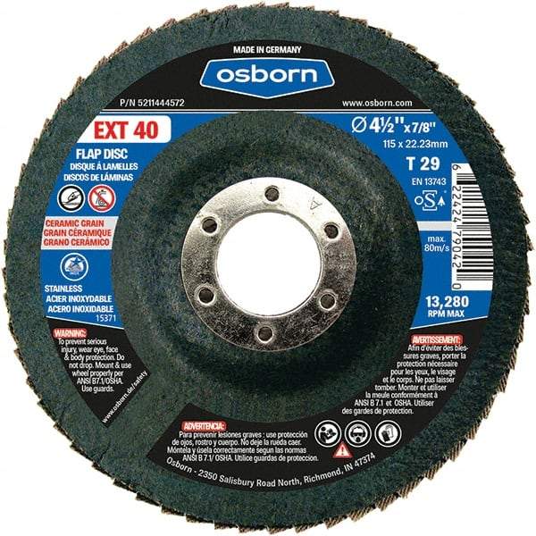 Osborn - 40 Grit, 4-1/2" Disc Diam, 7/8" Center Hole, Type 29 Ceramic Flap Disc - 13,280 Max RPM, Fiberglass Backing, Arbor Attaching System, Coated - Eagle Tool & Supply