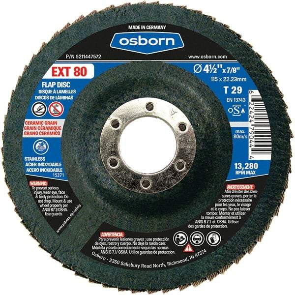 Osborn - 80 Grit, 4-1/2" Disc Diam, 7/8" Center Hole, Type 29 Ceramic Flap Disc - 13,280 Max RPM, Fiberglass Backing, Arbor Attaching System, Coated - Eagle Tool & Supply