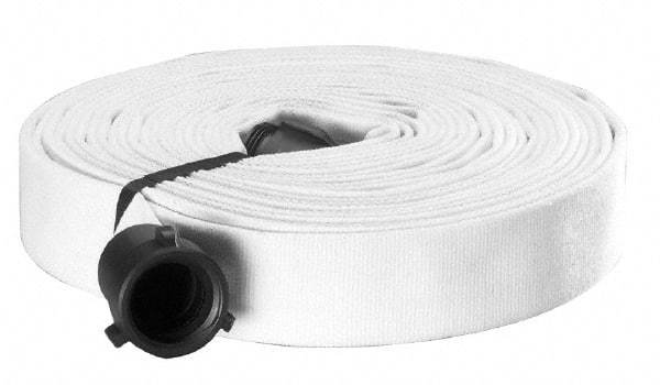 Made in USA - 1-1/2" ID x 1-3/4" OD, 250 Working psi, White Polyester/Rubber Fire Hose, Single Jacket - 1-1/2" NH/NST Ends, 100' Long, -40 to 150°F,750 Burst psi - Eagle Tool & Supply