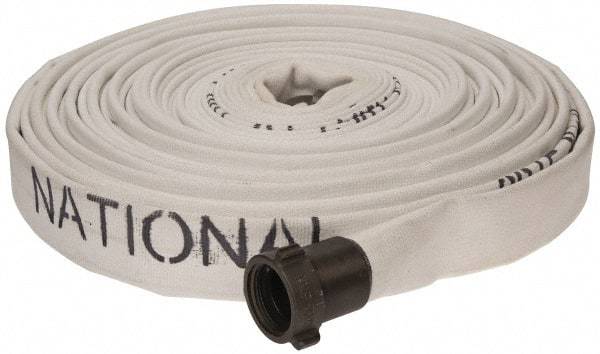 Made in USA - 1-1/2" ID x 1-3/4" OD, 150 Working psi, White Polyester/Rubber Fire Hose, Single Jacket - 1-1/2" NH/NST Ends, 100' Long, -40 to 150°F,450 Burst psi - Eagle Tool & Supply