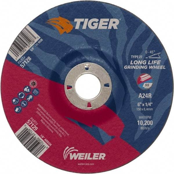 Weiler - 24 Grit, 6" Wheel Diam, 7/8" Arbor Hole, Type 27 Depressed Center Wheel - Medium Grade, Aluminum Oxide, R Hardness, 10,200 Max RPM - Eagle Tool & Supply