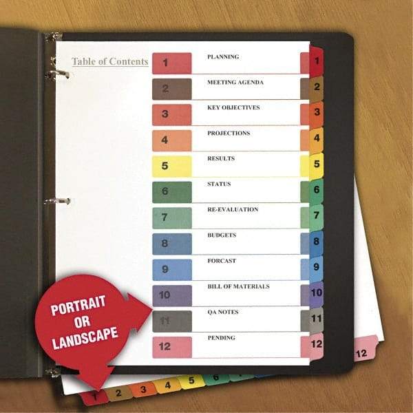 Universal One - 11 x 8 1/2" 8 Tabs, 3-Hole Punched, Tab Divider - Multicolor Tabs, White Folder - Eagle Tool & Supply