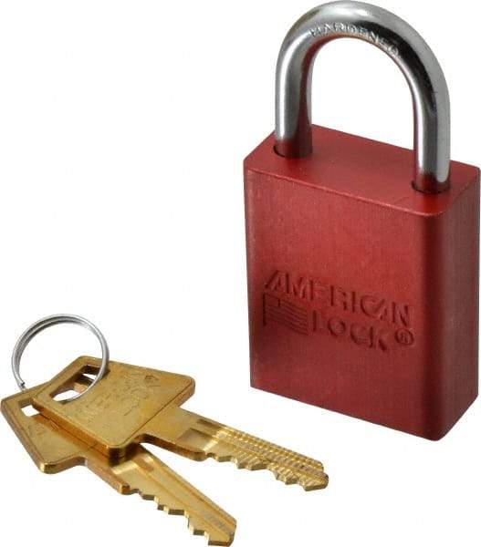 American Lock - Keyed Alike Conductive Lockout Padlock - 1" Shackle Clearance, 1/4" Shackle Diam, 1.8" Body Height x 1-1/2" Body Width, Red, 5 Pins - Eagle Tool & Supply