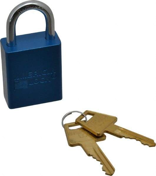 American Lock - Keyed Different Conductive Lockout Padlock - 1" Shackle Clearance, 1/4" Shackle Diam, 1.8" Body Height x 1-1/2" Body Width, Blue, 5 Pins - Eagle Tool & Supply