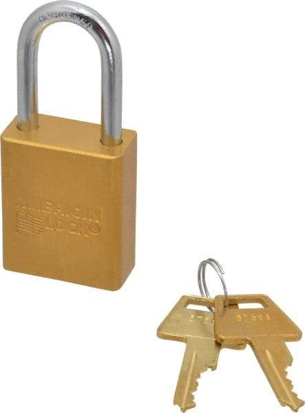 American Lock - Keyed Different Conductive Lockout Padlock - 1-1/2" Shackle Clearance, 1/4" Shackle Diam, 1.8" Body Height x 1-1/2" Body Width, Yellow, 5 Pins - Eagle Tool & Supply