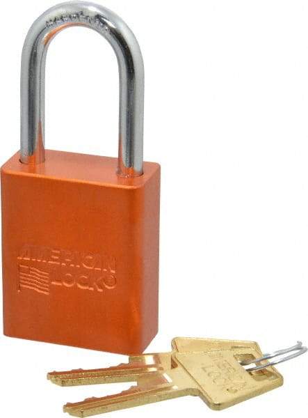 American Lock - Keyed Different Conductive Lockout Padlock - 1-1/2" Shackle Clearance, 1/4" Shackle Diam, 1.8" Body Height x 1-1/2" Body Width, Orange, 5 Pins - Eagle Tool & Supply